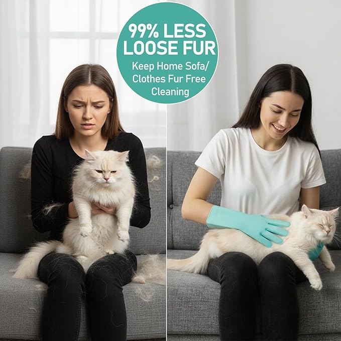 Cat Grooming Gloves for Hair-Removal: Effective at Removing 99% Loose Fur - Keep Home Sofa/Clothes Fur Free Cleaning & Silicone Bristles - Gentle Grooming for Short-long Hair Cats (2 Pack)