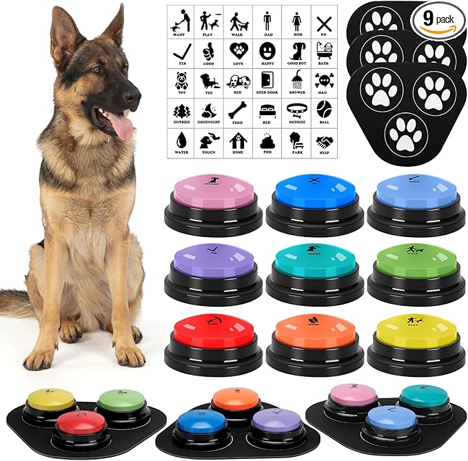 Dog Buttons for Communication, 9 Pcs Dog Talking Button Set, 30s Voice Recording Speaking Button Pet Speech Training Buzzers with 30 Scene Stickers and Waterproof Anti-Slip Mat for Animal Training