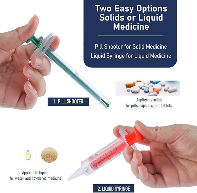 Pill Shooter for Cats Dogs, 5-in-1 Pet Medication Kit with Pill Popper Gun, Liquid Syringe, Anti-Choke Dispenser, Pill Cutter Grinder & Pet Grooming Deshedding Brush Glove | Reusable Safe