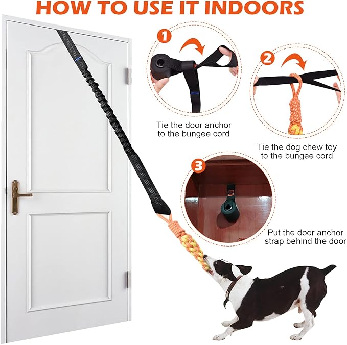 Door Anchor Dog Hanging Bungee Tug Toy for Small Dog Pull Rope and Tug of War, Indoor Outdoor Pull Interactive Toy, Durable Retractable Tugger Dog Rope Toy with 2 Chew Toys for Dogs and Cats