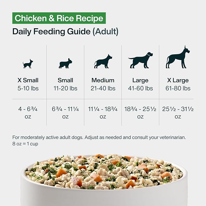 JustFoodForDogs Frozen Fresh Dog Food, Complete Meal or Dog Food Topper, Chicken & Rice Human Grade Dog Food Recipe, 72 oz (Pack of 7)