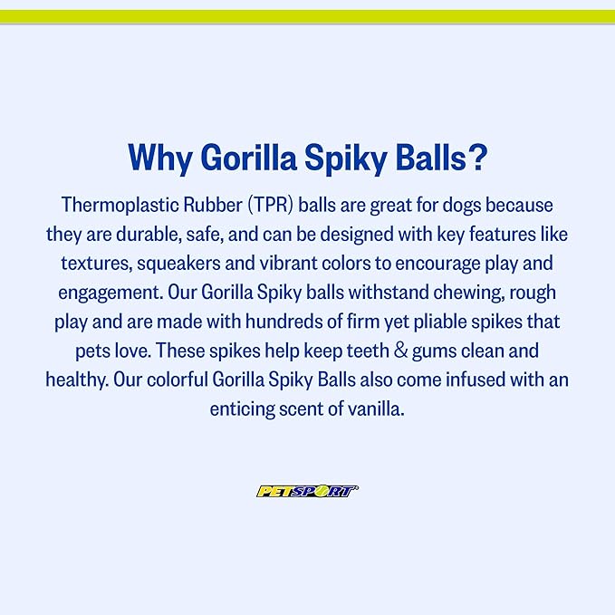 PetSport Gorilla Spiky Ball 2” - Spiky Rubber Dog Ball Toy, Interactive Puppy Toy for Small Dogs and Puppies, TPR Rubber, Vanilla Scented - 2 Inch, Small