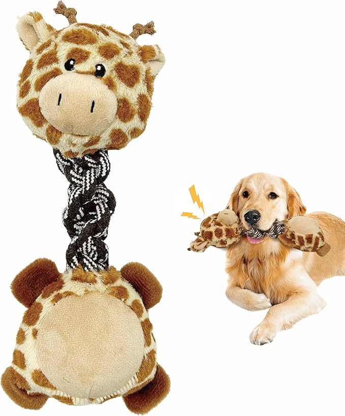 Giraffe Plush Squeaky Dog Toy with Rope Neck Puppy Teething Chew Toy Cute Soft Fun Multi-Functional Interactive Tug of War Dog Rope Toy for Small Medium Large Dogs Toy Gift 30cm/11.81in