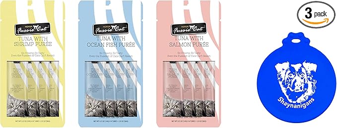 Fussie Cat Puree Grain Free Treat in 3 Flavor Bundle: 1 Tuna with Salmon, 1 Tuna with Ocean Fish & 1 Tuna with Shrimp (3 Four-Tube Packs, 12 Tubes Total, 0.5 Oz per Tube) + Shaynanigans Silicone Lid