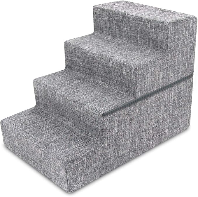 Best Pet Supplies Round Bed for Pet, 4-Step Pet Stair, Grey Linen (Foldable)