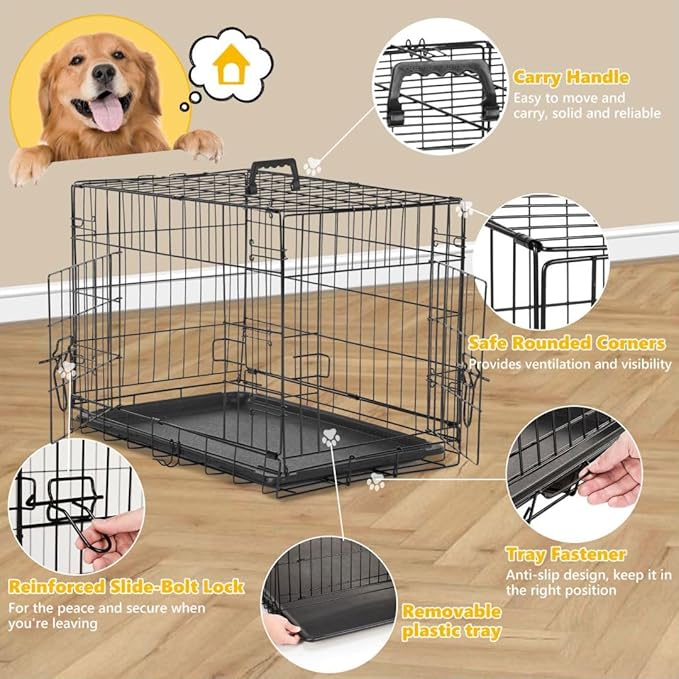 Dog Crate Kennel, 36 Inch Metal Pet Cage Double Door W/Divider Panel, Folding Travel Indoor Outdoor Dog Kennel Leak-Proof Plastic Tray Wire Animal Cage