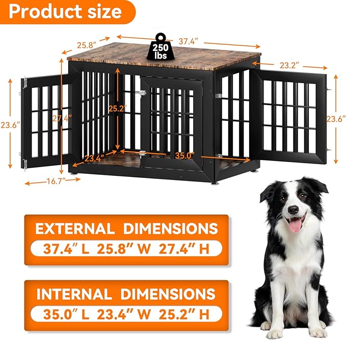 Snuowu 38" Heavy-Duty Dog Crate Furniture for Large/Medium Dogs, Rustic Wooden Dog Cage Kennel Indoor Furniture, Decorative Pet House End Table, Black & Wood