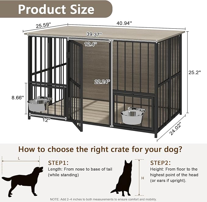 Hadulcet Foldable Dog Crate Furniture, 41'' No Assembly Indoor Dog Kennel with Storage Top, Wooden Dog Crate Table for Small to Medium Dogs, Furniture Style Dog Cage with 2 Bowls Gray