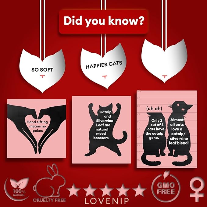 Soft Cat Nip for Cats kissed with Silvervine Leaf – Big 2.2 (2 cups) oz of Love – Fine Cut & Potent – More Kitties Love a Premium Catnip Silvervine Leaf Blend – Strong & Fresh Lovenip Favorites Blend