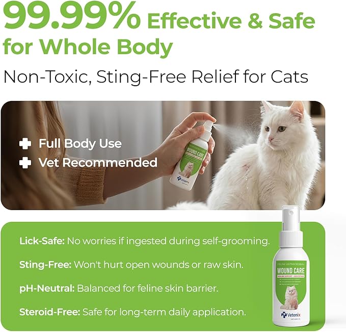 Cat Wound Care Spray Feline Healing Aid, Skin Repair for Cuts, Sores & Abrasions | Itch Relief for Irritated Cat Skin | Hot Spot & Allergy Support | Safe & Non-Toxic | 3.38 fl oz