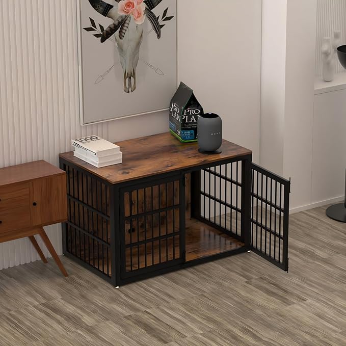 48" Heavy Duty Dog Crate Furniture, Wooden Dog Cage Kennel for Lrage and Extra Large Dogs, Dog Kennel Indoor with Side Door, Decorative Pet House End Table, Brown