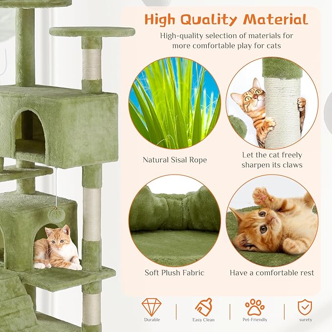 Cat Tree 54 Inch, Multi-Level Cat Tower with Condo, Perches, Sisal Scratching Posts and Climbing Ladder, Pet Play Toy Balls House for Indoor Cats, Green