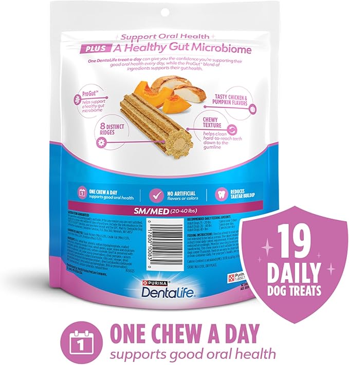Dentalife Plus Digestive Support Dog Treats for Small and Medium Dogs, Cleans Teeth, Freshens Breath, & Supports Healthy Gut, Chicken & Pumpkin Flavor, 14.4 oz., 19 Chews - 19 ct. Pouch, (Pack of 2)