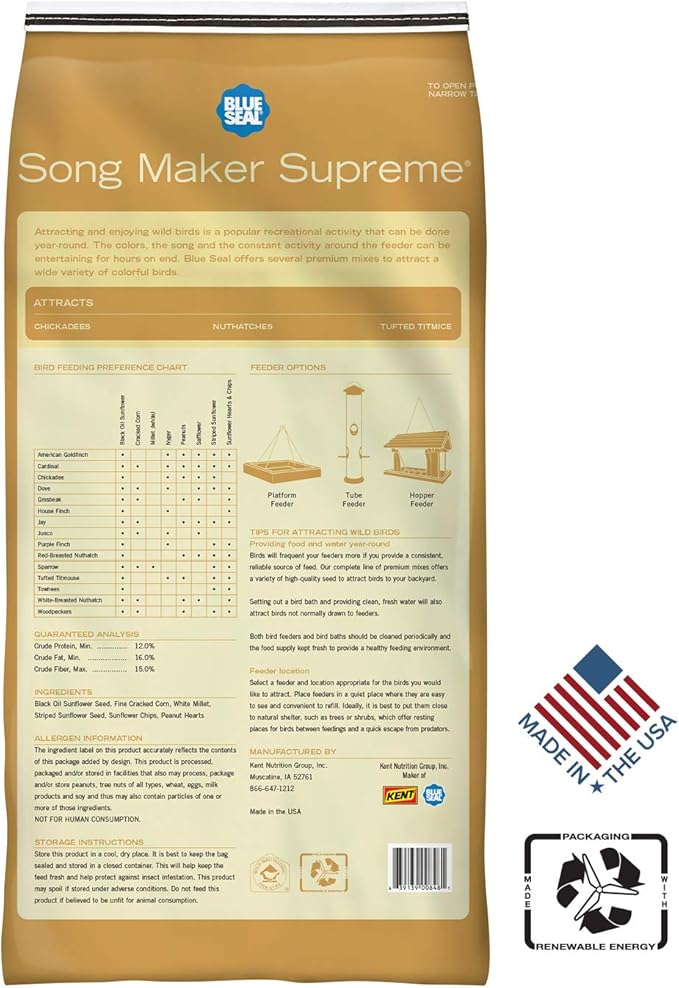 Blue Seal Song Maker Supreme Wild Bird Seed | High Energy Mix, No Fillers | Attracts Wide Variety of Wild Outside Birds | Convenient Shell-Free Mix | Made in USA | 20 Pound Bag