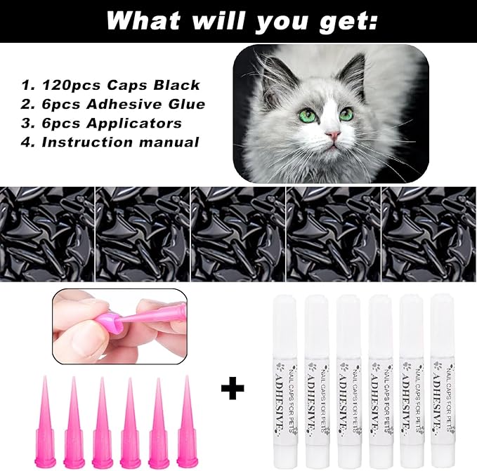 VICTHY 120pcs Cat Nail Caps | Cat Claw Caps | Cat Nail Covers with Adhesives and Applicators (Black L)