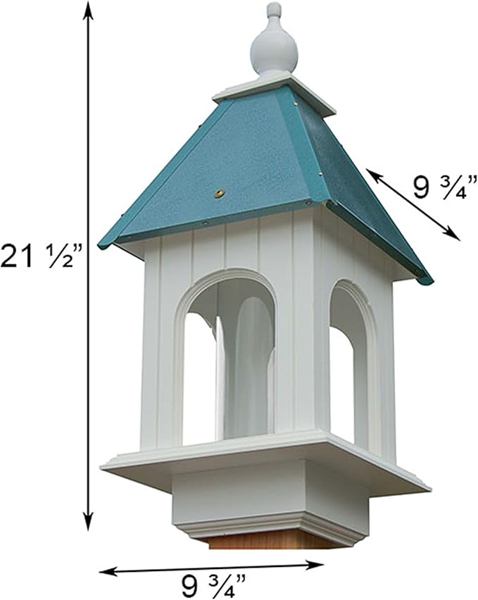 Camellia Bird Feeder with Decorative Mounting Post – Verdigris Roof, 2-Quart Capacity, White PVC Feeder & Vinyl Post with Ground Anchor for Garden, Yard & Backyard Birding