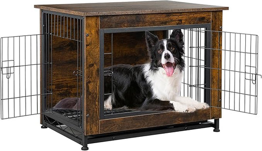 Shintenchi Wooden Dog Crate Furniture for Large Breed, L Double-Door Kennel Indoor with Removable Tray, End Table L Dog Crate for Decoration, 38.6" L, Brown