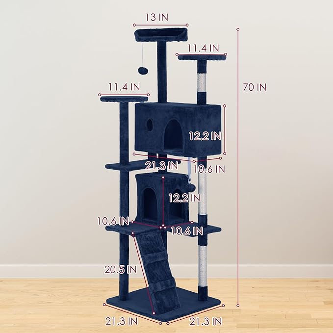 24/7 Shop at Home Court 70 inch Multi-Level Cute Cat Tree Tower with Dangling Ball and Scratching Posts for Indoor Cats Adults, Kitten Supplies, Pet House, Navy Blue