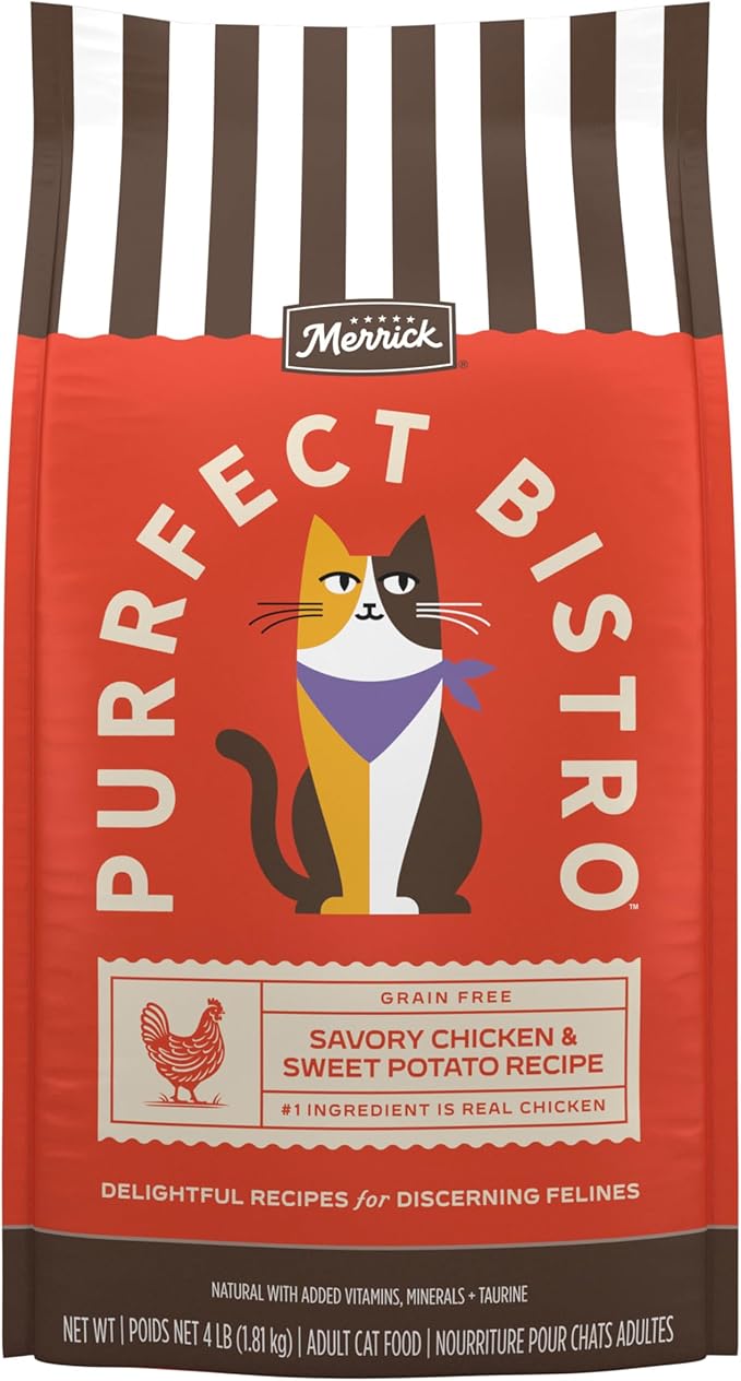Merrick Purrfect Bistro Grain Free Chicken and Sweet Potato Recipe Natural Dry Cat Food for Adult Cats, High Protein, Outdoor or Indoor Cat Food - 4 lb. Bag
