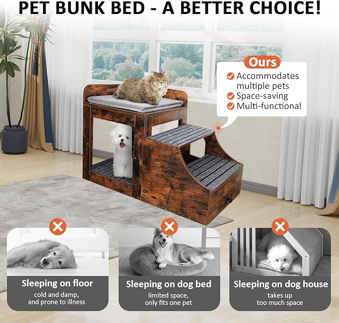 Pet Bunk Bed for Cats, Multi-Level Pet Window Perch Seat Platform with Removable Stairs and Mats for Cats and Dogs, Pet Bed Couch with Drawers for Bedside, Home, Indoor Use, Brown