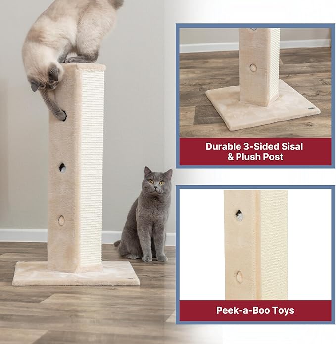 TRIXIE Soria Cat Scratching Post 31.5 Inch - Scratcher With Soft Fabric Covering Base and Durable Sisal Rope - Peek-a-Boo Cutouts, Hide and Seek Toy - in Greige