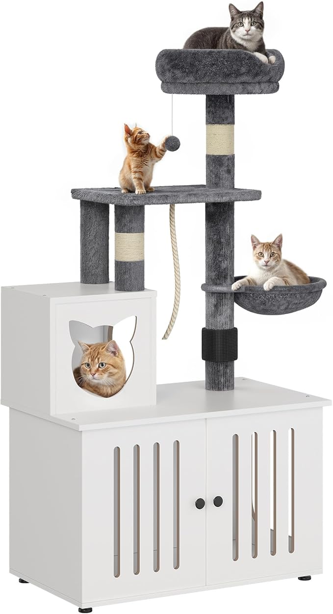 YITAHOME Cat Tree with Litter Box Enclosure, 2-in-1 Cat Furniture, Modern Cat Condo with Cat House, Perch, Food Station, Hammocks, Scratch Post, Hair Brush, 53.5 Inch, White