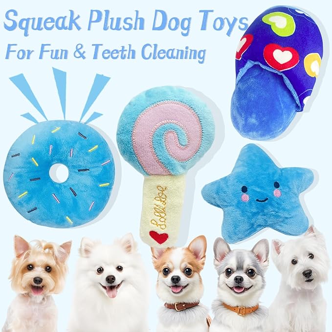 Soft Dog Toys for Small Dogs, 4 Packs Cute Chew Toys for Puppy, Durable Soft Plush Small Dog Toys, Blue Stars Designs, Puppy Toys