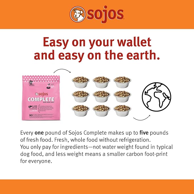 Sojos Complete Freeze Dried Raw Adult Dry Dog Food, Grain Free, Natural, Lamb Recipe, 7 lb Bag
