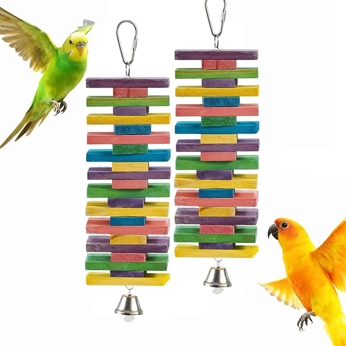 2 PCS 9.84" Multicolored Bird Toys - Stress Relief Chew Parrot Toys, Natural Wooden Blocks, Hanging Bird Cage Accessories, for Parakeets, Cockatiels, Conures, Budgies, Lovebirds