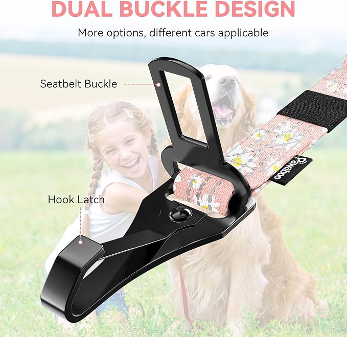 Pawaboo Dog Car Seat Belt– Reflective & Adjustable Dogs Cars Harness Leash with 360° Lockable Buckle, Shockproof Dogs Tether Bungee for Safe Travel, Light Pink Flowers