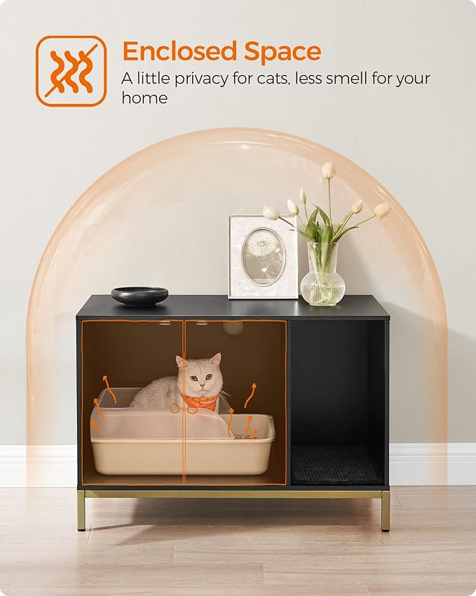 Feandrea Cat Litter Box Enclosure, Hidden Litter Box Furniture with Scratch Pad, Front Entry, Double Cabinet Doors, Modern Style, 31.5" Cat House Washroom Side End Table, Black and Gold