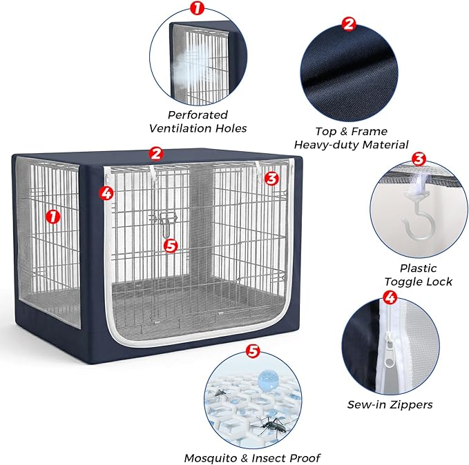 Dog Crate Cover, Breathable Mesh Mosquito Net, Elastic Bottom & Front Zipper, Fits 42inches Crates, Perfect for Dog Crates & Pet Kennels（Only Cover）