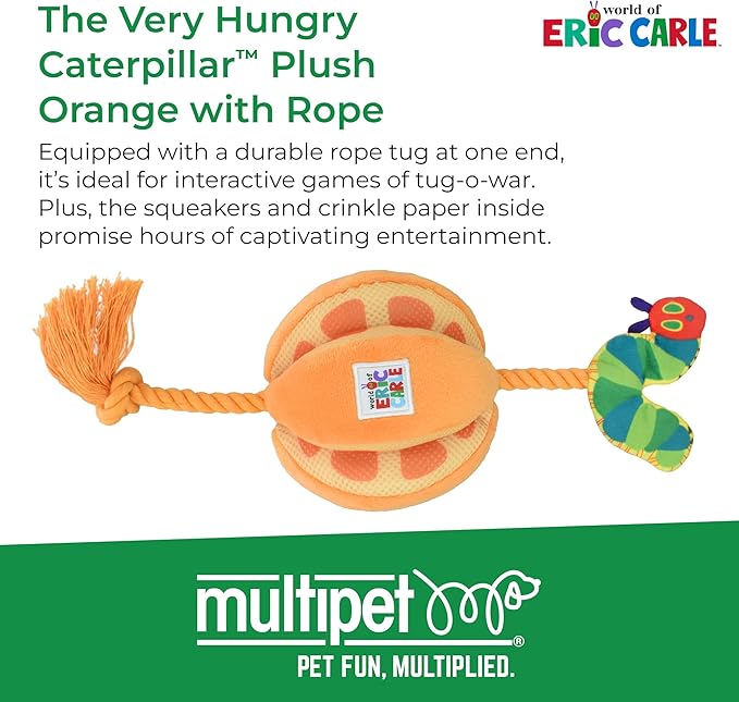 Multipet Eric Carle Very Hungry Caterpillar Plush Orange with Rope Dog Toy