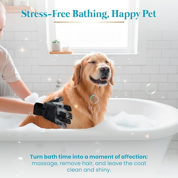 Cat Grooming Gloves for Shedding – Pet Hair Remover Set with Cleaning Mitt – 2 Grooming Gloves + 1 Reusable Pad for Cats, Dogs & Horses – Long & Short Hair Deshedding