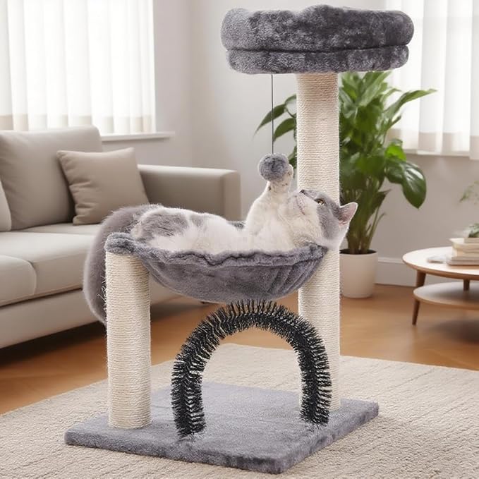 Small Cat Tree Tower for Indoor Cats, 27.8" Multi-Level Cat Tree with Scratching Posts| Plush Hammock| Perch| Self Groomer Brush| Dangling Ball for Kittens/Small Cats Play & Rest