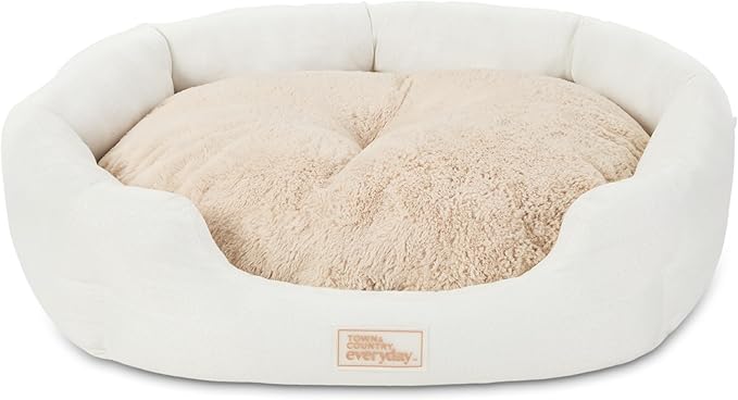 Town & Country Everyday CuddleTown Faux Linen Comfy Cozy Cuddler Pet Bed, Supportive & Calming, Non-Slip Bottom, Machine Washable Cover, Cream, Small 22"x20"x7"