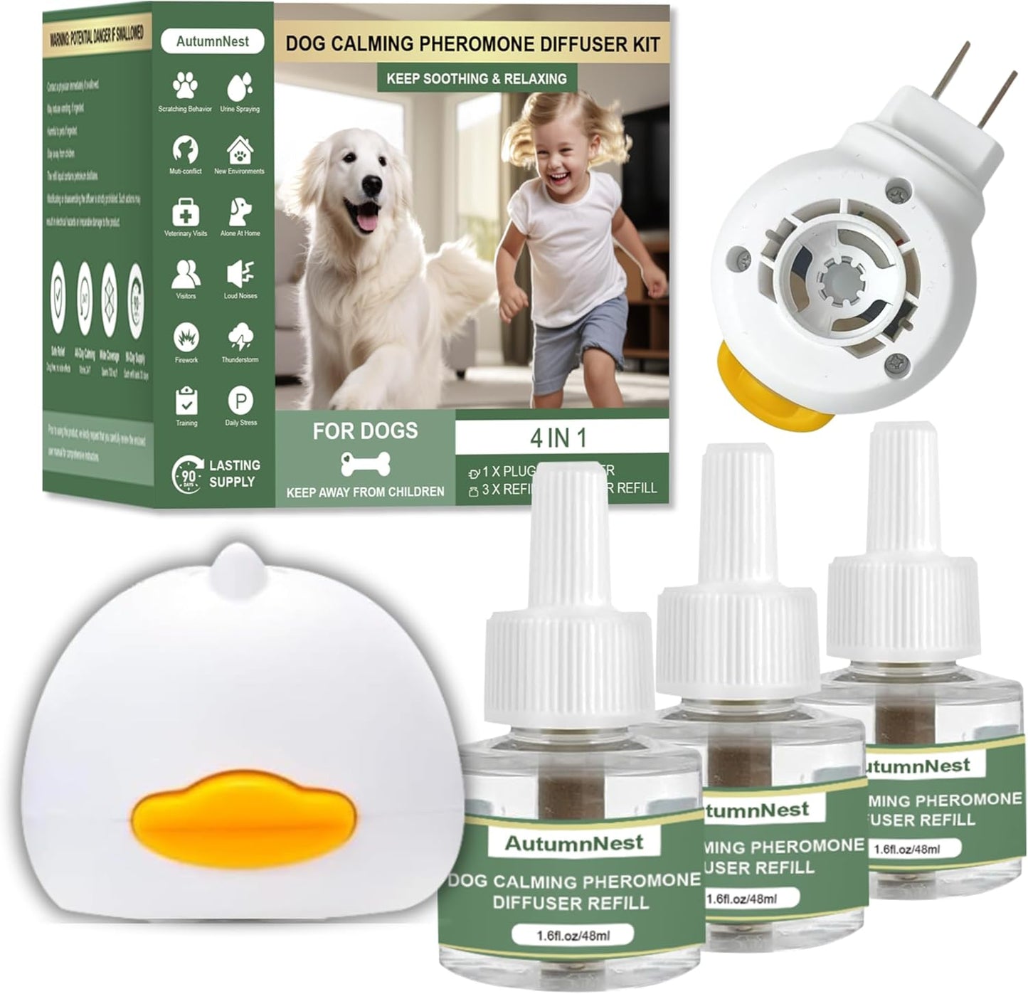 4-In-1 Dog Calming Diffuser Kit with 3 Refills (48ml Each), Plug-in Pheromone Dispenser for Dogs, 90-Day Supply, Covers 700 sq ft, Safe & Odorless Stress Relief Solution, Promotes Relaxed Behavior