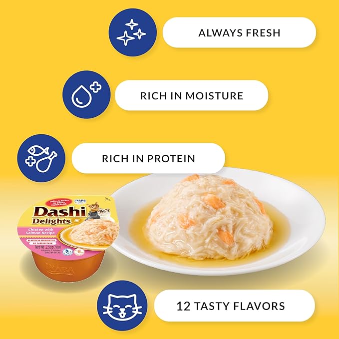 INABA Dashi Delights for Cats, Shredded Chicken Side Dish with Bonito Flake Broth, Cat Food Complement with Taurine & Green Tea Extract, 2.5 Ounce Cup, 6 Cups Total, Chicken with Tuna & Scallop Recipe