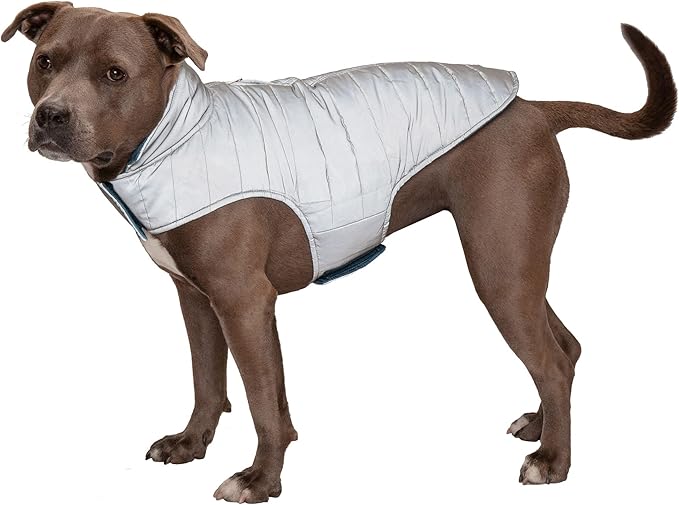 Furhaven Water-Repellent & Reversible Medium Dog Coat, Washable & Reflective w/ Leash Access, Pocket, & Carry-On Purse - Puffer Dog Jacket - Blue Watercolor, Medium