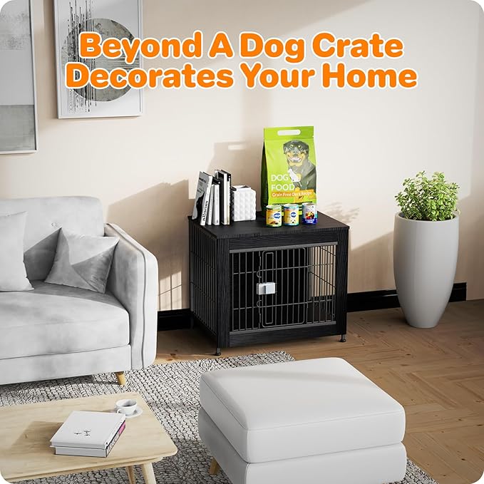 Escape Proof Decorative Dog Crate Furniture with Wooden Top, 27in Furniture Style End Table and Secure Indoor Kennel, Anti Anxiety for All Breeds, Black