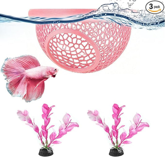 3 Pack Pink Fish Tank Decor Set, 1 Betta Hammock and 2 Artificial Plant, Aquarium Accessories for Betta Fish, Shrimp and Small Fish, Ideal for Aquatic Pet Habitat