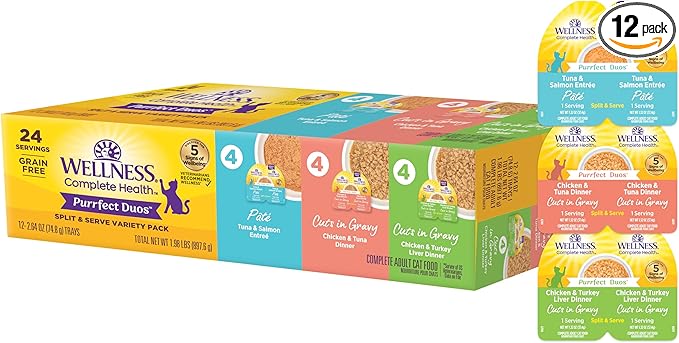 Wellness Complete Health Purrfect Duos Variety Pack Adult Wet Cat Food, Natural, Protein Rich, Grain Free, Pate and Gravy Recipes, 2.64 oz, Pack of 12 Split Cups