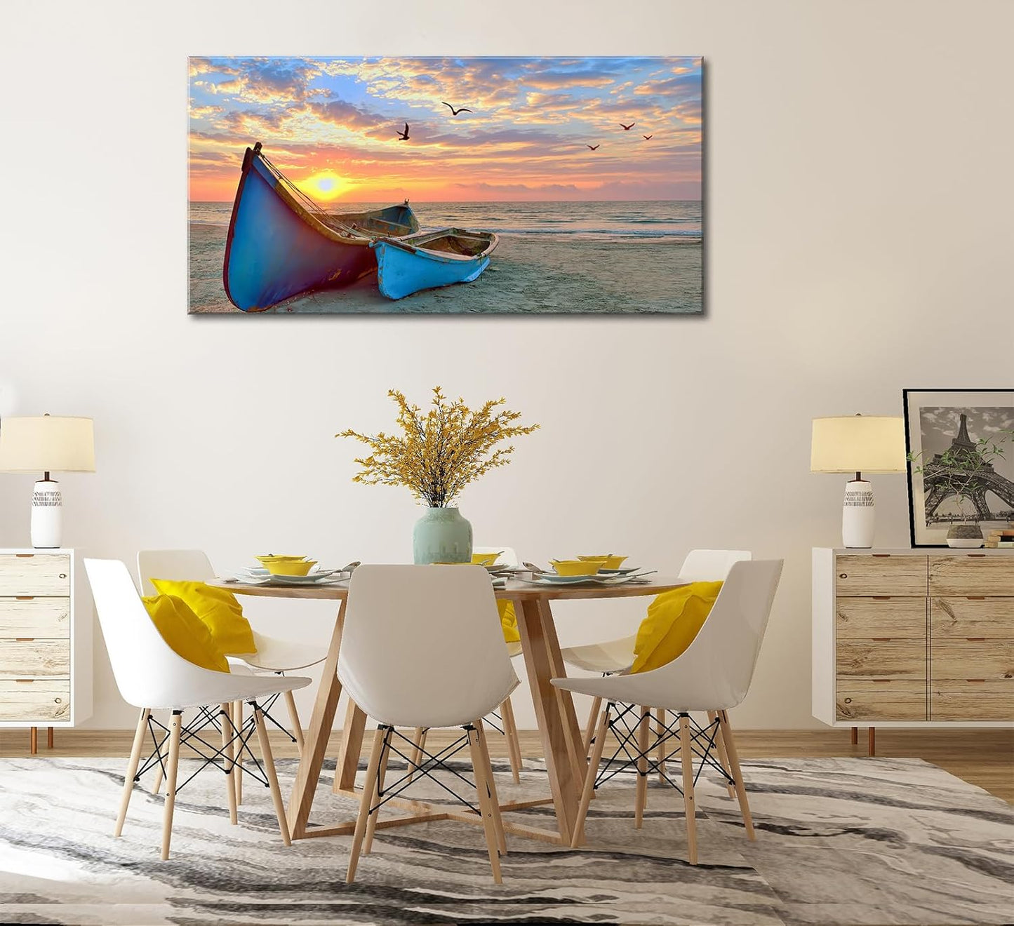 Ocean Sunset Canvas Wall Art for Living Room Sail Boat Framed Artwork Seascape Painting Coastal Pictures for Bedroom Office Wall Decoration 20x40 Inch
