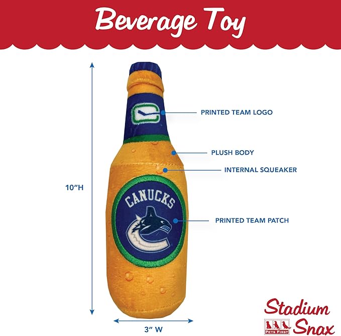 Pets First NHL Vacouver Canucks Beer Bottle Plush Dog & Cat Toy- Cutest Stadium SODA Bottle Snack Plush Toy for Dogs & Cats with Inner Squeaker & Beautiful Hockey Team/Logo