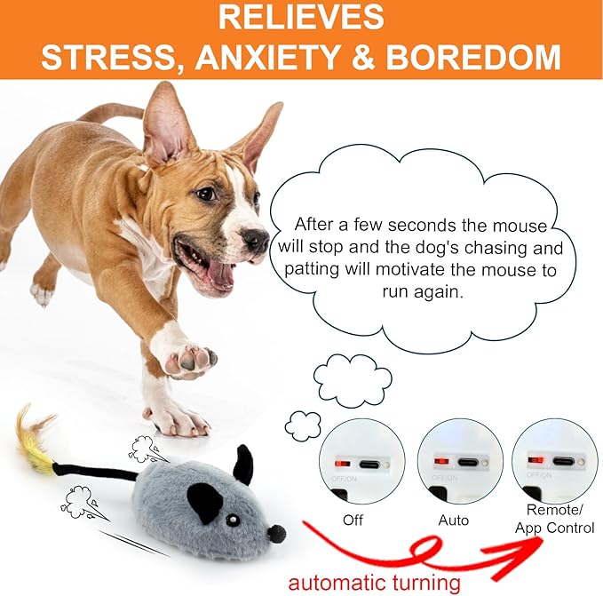BABORUI Interactive Dog Toys Mouse, Remote Control Escaping Mice Squeaky Dog Toy with Lights & Auto-Turn, Rechargeable Moving Dog Toys for Small/Medium/Large Dogs & Cats(Grey)