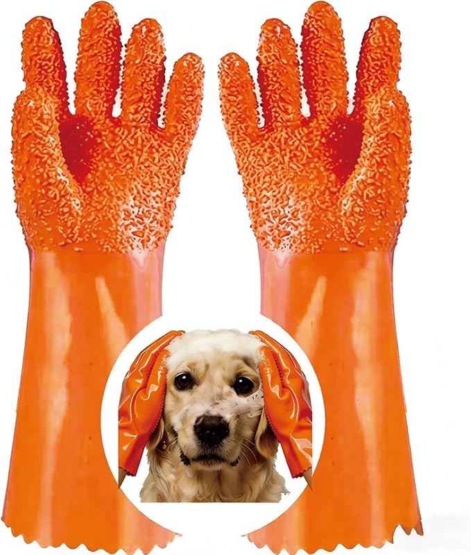 YOFANG 14" Long Pet Grooming Gloves for Washing & Hair Removal,Waterproof Rubber Cat Bite-Proof Brush Gloves,Dog Bath Glove with Soft 3500+ Particles Massage,Orange