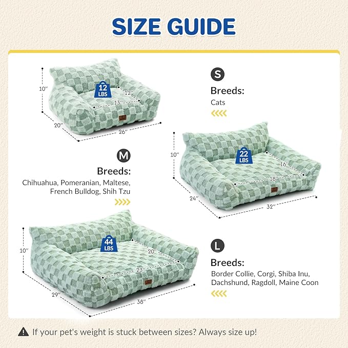 ABCPET Large Dog Bed Sofa, Fluffy Pet Bed for Medium and Large Dogs, Supportive Dog Couch Sofa for Dogs, Pet Sofas with Washable Cover & Non-Slip, 38 inch, Green