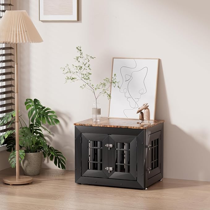 Snuowu 26" Heavy-Duty Dog Crate Furniture for Small/Medium Dogs, Rustic Wooden Dog Cage Kennel Indoor Furniture, Decorative Pet House End Table, Black & Wood