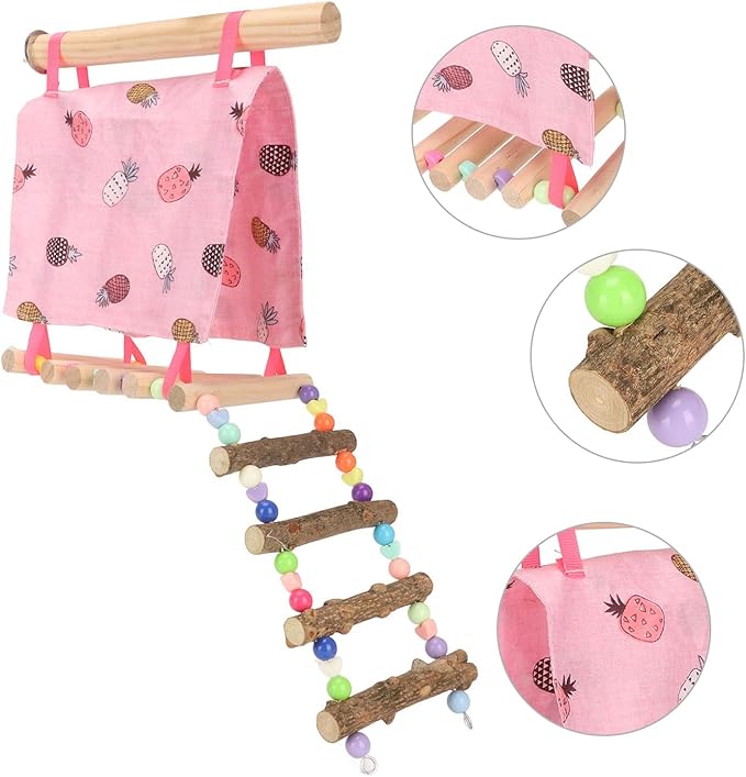 Bird Nest Hut Hammock Tent with Ladder, Parrot Snuggle Tent with Open Front and Back, Vibrant Color Climbing Toy for Small Birds, Safe Cloth and Wood Bird Cage Accessory