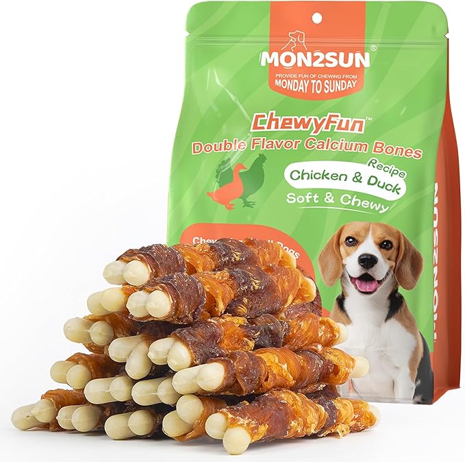 MON2SUN Double Flavor Dog Treats, 4 Inch Chicken and Duck Wrapped Calcium Bones, Rawhide Free Chews for Small Dogs, Teeth Cleaning Bones, 10.58 oz (15 Count-Pack of 1)